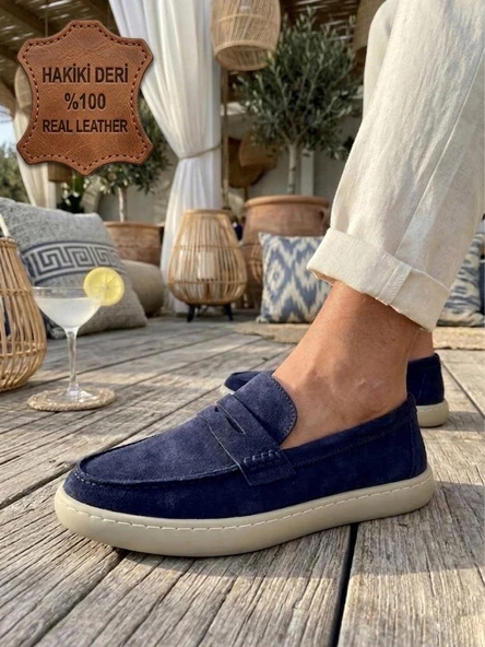 BA0251 %100 İçi Dışı Hakiki Deri Erkek Lacivert Süet Casual Loafer Kauçuk Rahat Taban Dikişli Ayakkabı ürün görseli 1