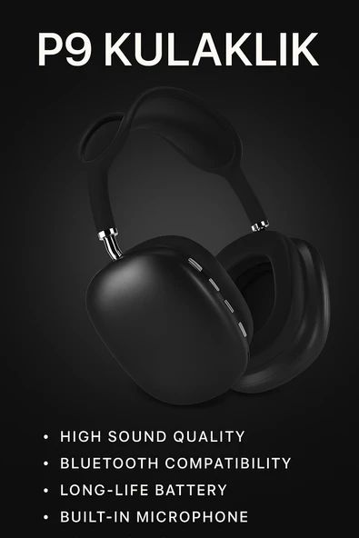 P9 Bluetooth 5.0 Kablosuz Siyah Kulaklık Mikrofonlu Uzun Pil Yüksek Bass ANC ürün görseli 1