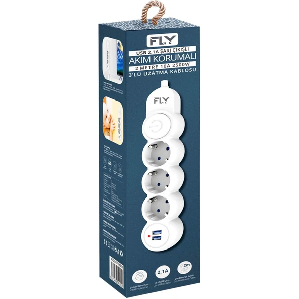 Fly 3393-01, 3 Soket, 2 Usb, Akım Korumalı Priz, 2.1A, Anahtarlı, 2Mt Kablo, (Beyaz) ürün görseli 1