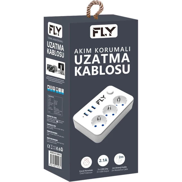 Fly 3406-01, 3 Soket, 3 Usb, Akım Korumalı Priz, 2.1A, Anahtarlı, 2Mt Kablo, (Beyaz) ürün görseli 1