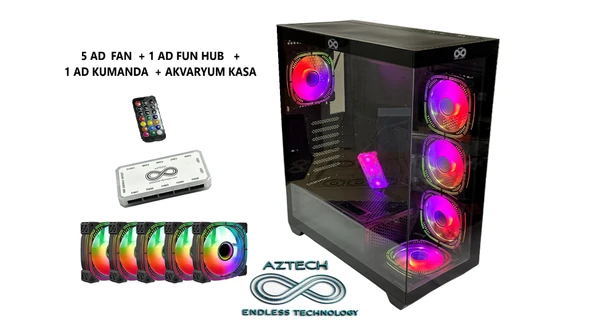 Aztech Azt101-B 850W 80+ Moduler Temperli Cam U.Kumandali+5Xrgb Fan Akvaryum Kasa Siyah ürün görseli 1