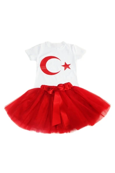 NACAR STORE Kız Çocuk 23nisan 29ekim Gösteri Doğumgünü Kıyafeti Ayyıldız Kısa Kol Beyaz T-shırt Tütü Etek Takım ürün görseli 1