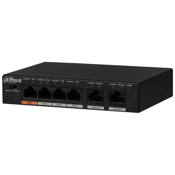 Dahua Pfs3006-4Et-60-V2, 4 Port, Megabit, Poe 60W, 2 Port Uplink, Yönetilemez, Masaüstü Switch ürün görseli 1