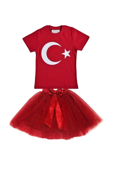NACAR STORE Kız Çocuk 23nisan 29ekim Gösteri Kostüm Doğumgünü Kıyafeti Ayyıldız Kısa Kol & Tütü Etek Takım ürün görseli 1