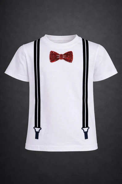 NACAR STORE Erkek-Kız Çocuk Kırmzı Papyon İşlemeli T-Shirt ürün görseli 1