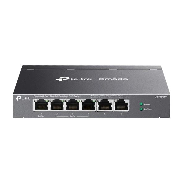 Omada Ds106Gpp, 6 Port Gigabit, 3 Port Gigabit Poe+, 64W, 1 Port Gigabit Poe++, Yönetilemez, Metal Kasa Masaüstü Sessiz Switch ürün görseli 1