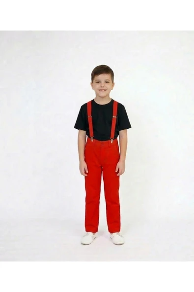 NACAR STORE Erkek Çocuk 23Nisan 29Ekim Kıyafeti Siyah Yuvarlak Yaka Tişört-Kırmızı Pantolon-Kırmızı Askı Takım ürün görseli 1