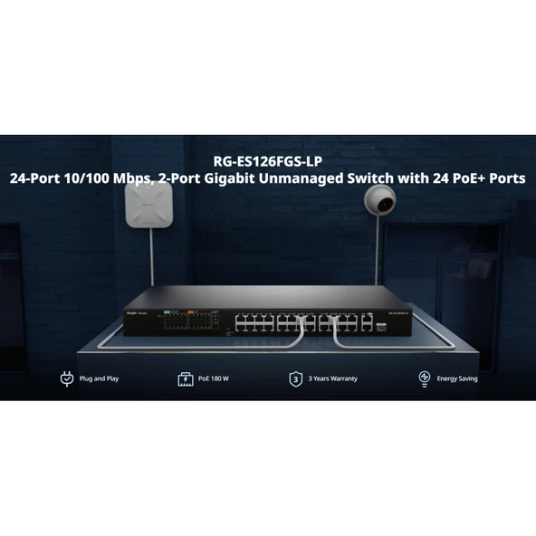 Ruijie Reyee Rg-Es126Fgs-Lp 26 Port, 24 Port Megabit Poe, 180W, 2 Port Gigabit Uplink, 1 Port Gigabit Combo, Switch Metal Kasa ürün görseli 1