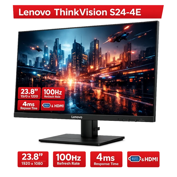 23.8 Thinkvision S24-4E 64B5Kat1Tk Wled 4Ms 100Hz Vga+Hdmi Fhd Moni̇tör ürün görseli 1