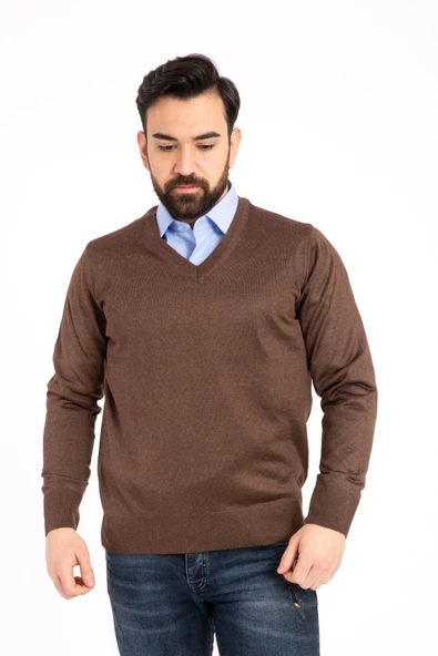 NACAR STORE Erkek Kahverengi Ince Yün Triko V Yaka Triko Kazak ürün görseli 1