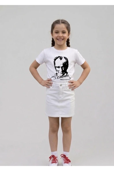 NACAR STORE Kız Çocuk ATATÜRK Baskılı T-Shirt Ve Keten Etek Takım 23 NİSAN-Özel Bayramlar ürün görseli 1