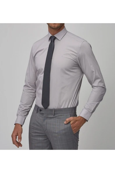 NACAR STORE Erkek Gri Uzun Kol Slim Fit Klasik Gömlek ürün görseli 1