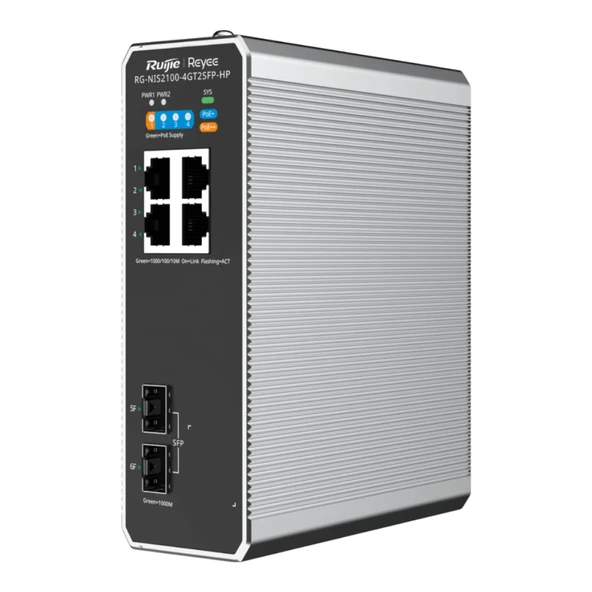Ruijie Reyee Rg-Nis2100-4Gt2Sfp-Hp 4 Port Gigabit Poe, 120W, 2Port Sfp, Endüstriyel Switch ürün görseli 1