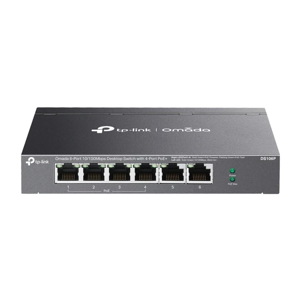 Omada Ds106P, 6 Port Megabit, 4 Port Megabit Poe+, 67W, Yönetilemez, Masaüstü Metal Kasa Sessiz Switch ürün görseli 1