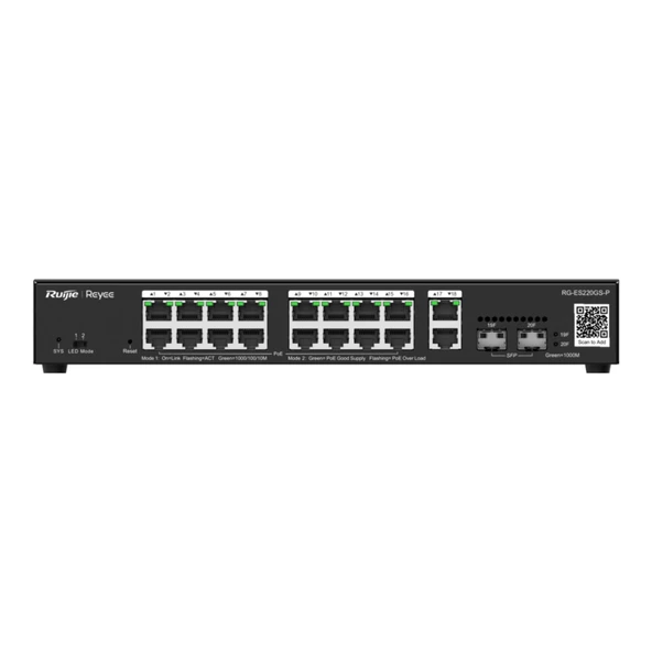 Ruijie Reyee Rg-Es220Gs-P 20Port, 16 Port Gigabit Poe, 250W, 2 Port Gi̇gabit Uplink, 2 Port Sfp, Colud Yönetilebilir Switch Metal Kasa ürün görseli 1