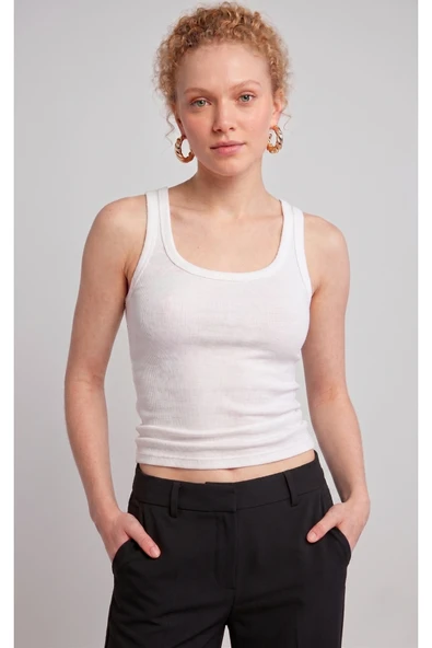 NACAR STORE Kadın Fitilli Görünümlü Kaşkorse Kalın Askılı Basic Beyaz Bluz Atlet ürün görseli 1