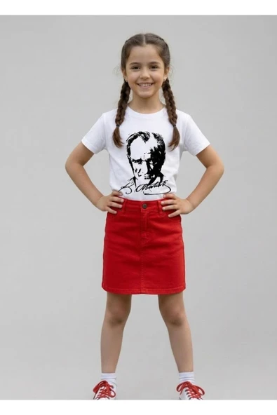 NACAR STORE Kız Çocuk ATATÜRK Baskılı T-Shirt Ve Keten Etek Takım 23 NİSAN-Özel Bayramlar ürün görseli 1