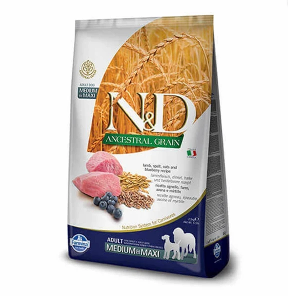 N&D Ancestral Grain Adult Düşük Tahıllı Kuzu Eli ve Yaban Mersinli Orta ve Büyük Irk Yetişkin Köpek Maması 2.5 Kg ürün görseli 1