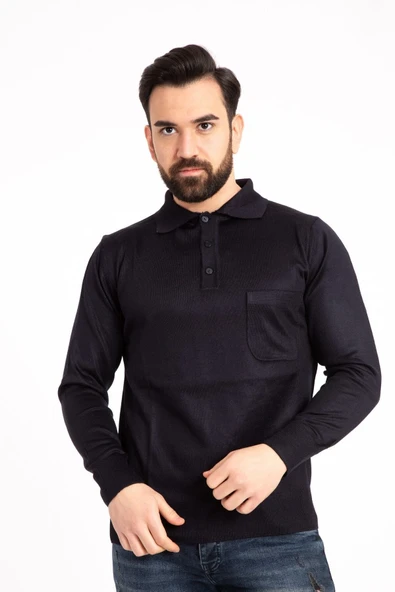 NACAR STORE Erkek Lacivert Ince Yün Triko Örgü Polo Yaka Kazak ürün görseli 1