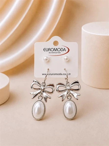 Fiyonk Oval Taş Detaylı İnci Kristal Taşlı 2'li Sallantılı Küpe Seti ürün görseli 1