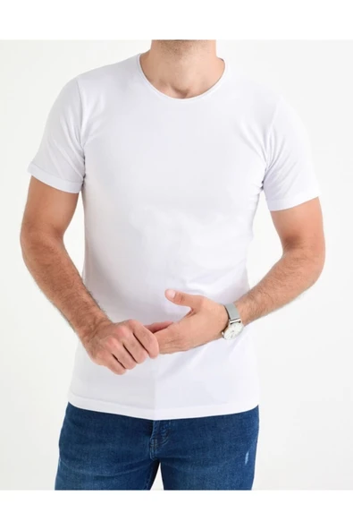NACAR STORE Erkek Beyaz Bisiklet Yaka Likralı Basic T-shirt ürün görseli 1