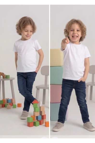 NACAR STORE Çocuk T-shirt 2'li Paket Beyaz Pamuklu Likralı Tişört ürün görseli 1