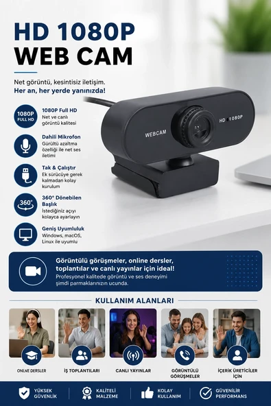Webcam Orjınal Hd 1080p Konferans Kamera Dahili Mikrofon Görüntülü Sohbet Yayın Kamerası Hd Video ürün görseli 1