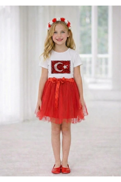 NACAR STORE Kız Çocuk Ayyıldız Pullu Bayrak Desenli Gösteri Takımı 23 Nisan Ve Özel Bayramlar ürün görseli 1