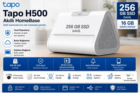 TP-Link Tapo H500-256GB Akıllı HomeBase 16 GB + 256 GB SSD | 16 Kamera, 64 Sensör Destekli | Yüz Tanıma | Isı, Su Baskını, Kapı/Pencere ve Hareket Sensörleri | Akıllı Ev Merkezi ürün görseli 1