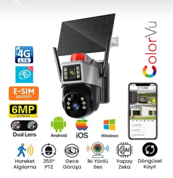 O-KAM OKAM 7015 4G 6mp Dual Lens Güneş Panelli Solar Sirenli Güvenlik Kamerası ürün görseli 1