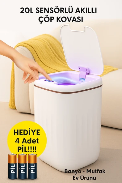 20L Sensörlü Akıllı Antibakteriyel Çöp Kovası Otomatik Kapaklı, Banyo Mutfak 4 Pil Yanında ürün görseli 1