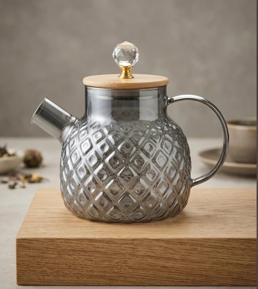 Isıya Dayanıklı  Baklava Desen Cam Demlik Bambu & Metal Kapaklı Kulplu Süzgeçli 1000 ML Füme renk ürün görseli 1