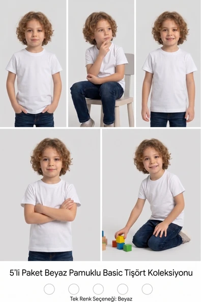 NACAR STORE Çocuk T-shirt 5'li Paket Beyaz Pamuklu Likralı Tişört ürün görseli 1