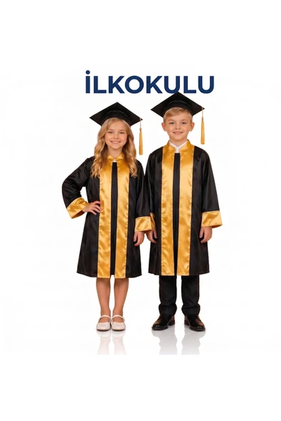 NACAR STORE İLKOKUL UNISEX Renkli Şeritli Siyah Mezuniyet Cübbesi ve Kep Takımı ürün görseli 1