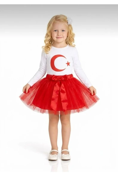 NACAR STORE Kız Çocuk 23 Nisan 29 Ekim Gösteri Kıyafeti Beyaz Uzun Kol Ayyıldız T-shirt Kırmızı Tütü Etek Takım ürün görseli 1