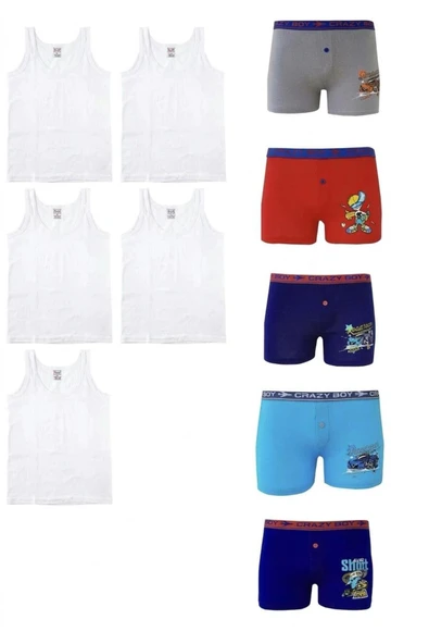 NACAR STORE Erkek Çocuk 5 Atlet 5 Desenli Boxer Pamuklu Likralı Terletmez Takım ürün görseli 1