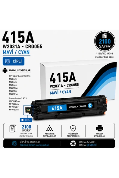 HP/CANON 415A-W2031A-CRG055 Mavi Chipli 2100 Sayfa ürün görseli 1