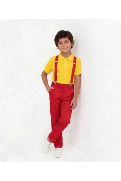 NACAR STORE Erkek Çocuk Kırmızı Pantolon Ve Askı -Sarı Yakalı Tişört Takım 23 Nisan-29 Ekim Ve Özel Günler ürün görseli 1
