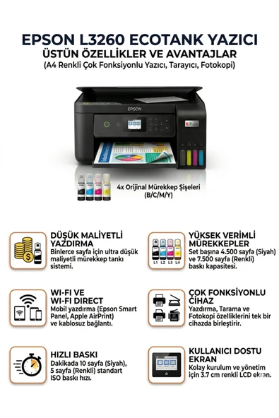 L3260 Tanklı Mürekkepli Yazıcı Wifili Sıfır Kutulu ürün görseli 1