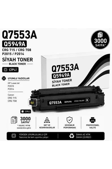 HP Q7553A-Q5949A-CRG715-CRG708-P2015-P2014 Siyah 3000 Sayfa ürün görseli 1