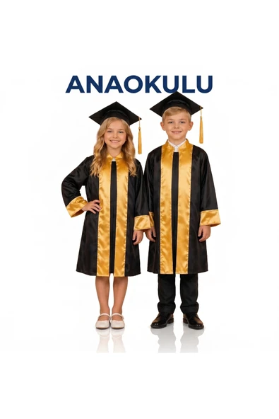 NACAR STORE Çocuk ANAOKULU Renkli Şeritli Siyah Mezuniyet Cübbesi ve Kep Takımı ürün görseli 1