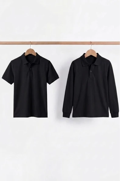 NACAR STORE Unisex Çocuk Uzun ve Kısa Kollu Polo Yaka Okul Tişörtü 2'li Set ürün görseli 1