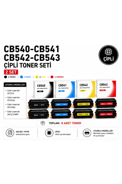 HP CB540A-CB541A-CB542A-CB543A Çipli Toner İkili Toner Seti( 2 Siyah - 2 Mavi - 2 Sarı - 2 Kırmızı ) ürün görseli 1