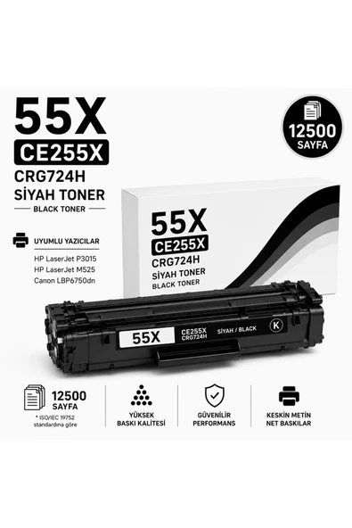 HP 55X-CE255X-P3015-M525-CRG724H Siyah 12500 Sayfa ürün görseli 1