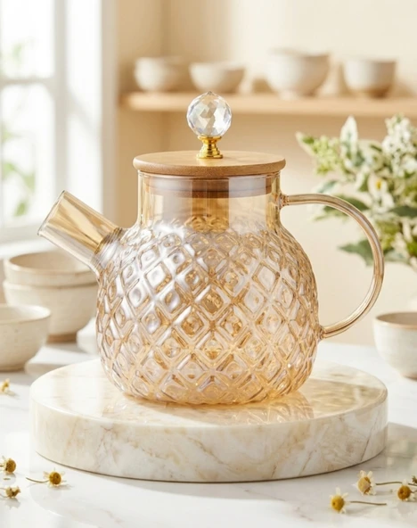 Isıya Dayanıklı  Baklava Desen Cam Demlik Bambu & Metal Kapaklı Kulplu Süzgeçli 1000 ML kehribar renk ürün görseli 1
