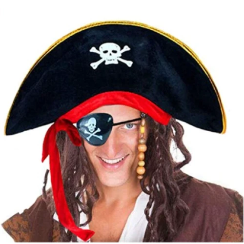 Yetişkin Boy Kadife Kaptan Jack Sparrow Korsan Şapkası ve Plastik Korsan Göz Maskesi ürün görseli 1