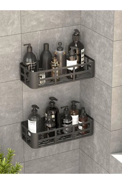 Banyo Duş Rafı 2'li Yapışkanlı ve Deliksiz Duş Organizer Suya Dayanıklı Siyah Raf ürün görseli 1