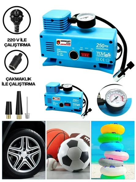 220 Volt-12 Volt 250 Psi Geniş Uygulama Yelpazesi Kompresör Lastik Hava Şişirme Oto Pompası ürün görseli 1