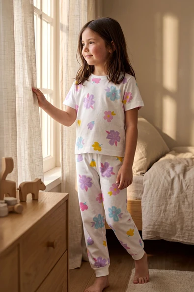 Pastel Renkli Çiçek Desenli Beyaz Kız Çocuk %100 Pamuk Pijama Takımı ürün görseli 1