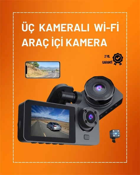 Full HD Çözünürlüklü Üç Kameralı Araç İçi Kamera – Park ve Sürüş Güvenliği ürün görseli 1